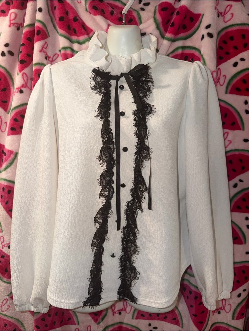 🤍🖤 Ruffle Neck Blouse with Lace Trim